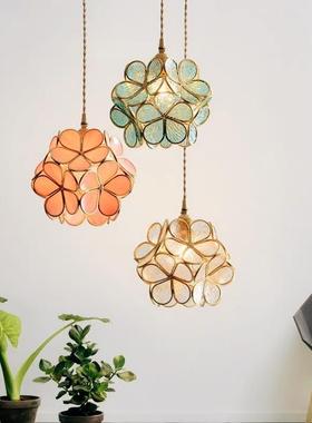 全铜日式手工玻璃灯温馨卧室床头玄关过道少女心儿童房花瓣吊灯