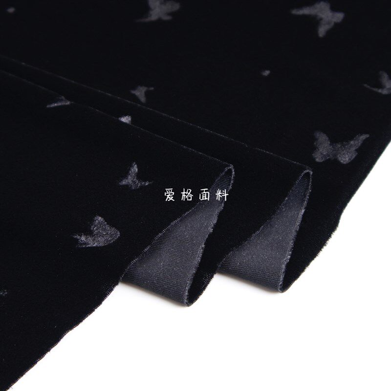 光泽垂感弹力 纯黑色暗纹小蝴蝶压花丝绒金丝绒面料旗袍裙子布料
