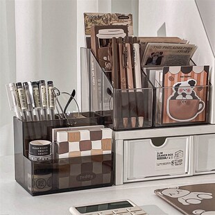 笔筒收纳盒桌面透明亚克力笔桶学生书桌上文具杂物分格整理盒笔架