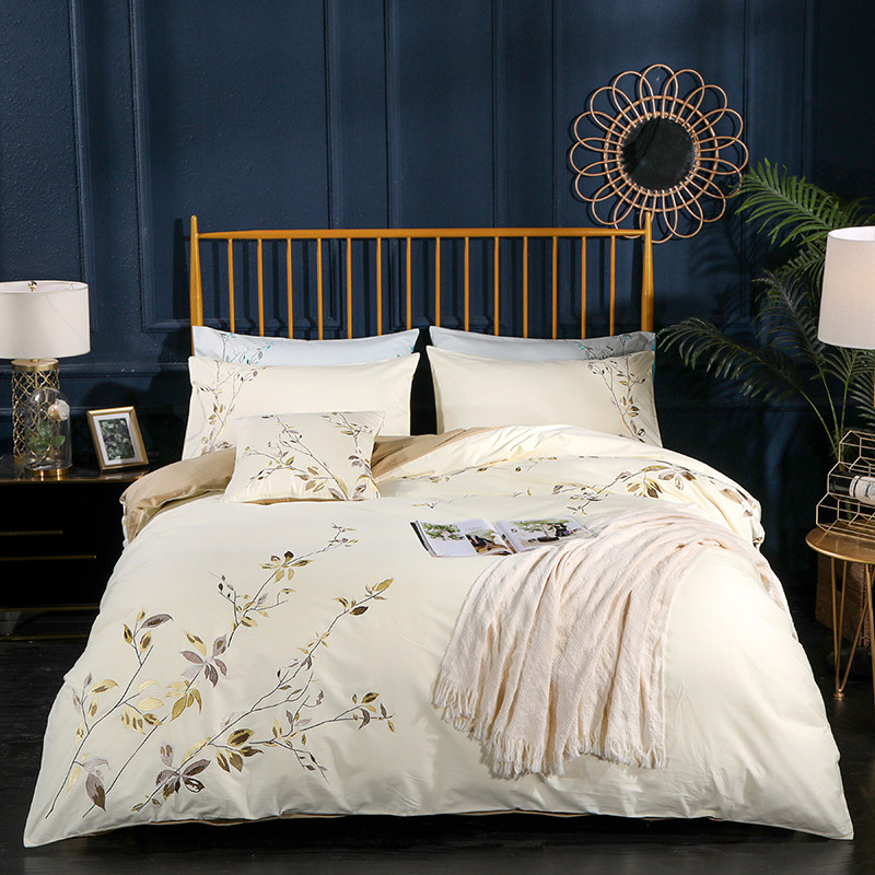 新款简约绣花纯棉四件套全棉斜纹厚实刺绣被罩双人被套床上用品