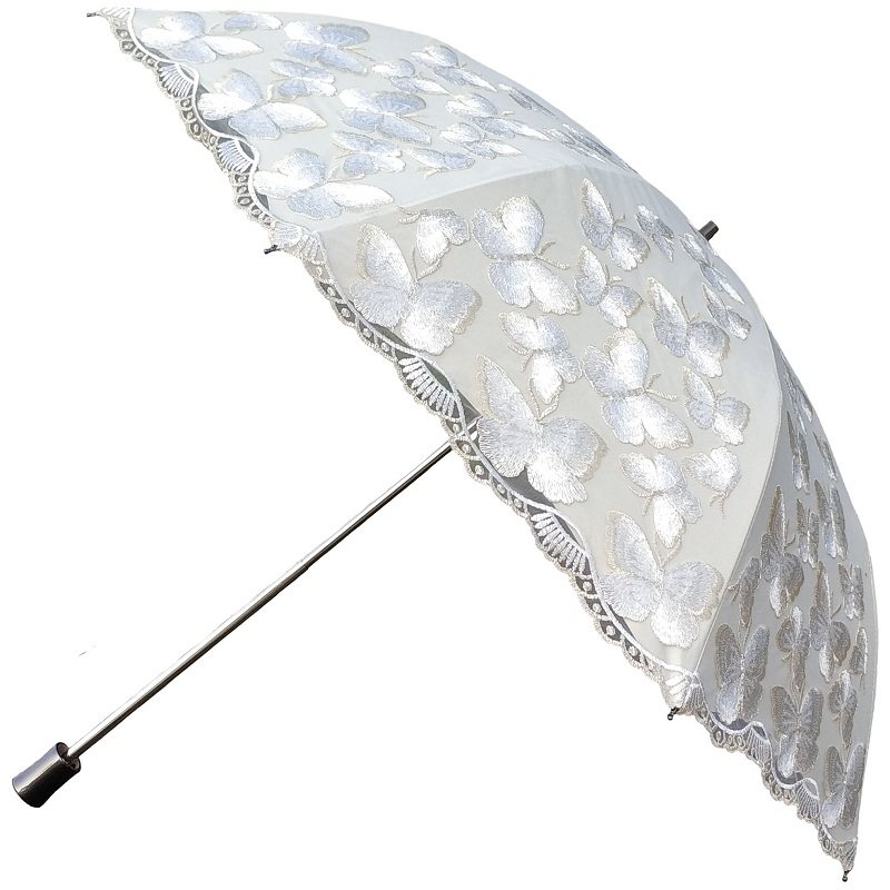 二折蕾丝蝴蝶刺绣花亮片米白色防紫外线晴雨伞太阳伞公主洋伞