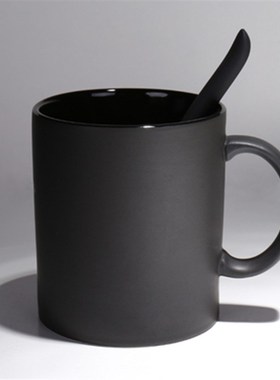 黑色哑光欧式陶瓷松弛感马克杯子学生家用磨砂咖啡杯带盖水杯带勺