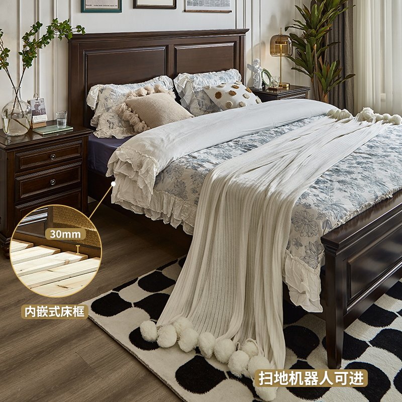 美式乡村纯全实木床主卧双人1米5轻奢简约现代黑胡桃色高箱收纳床