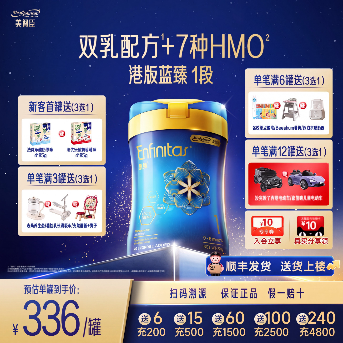 美赞臣官方旗舰港版蓝臻1段HMO+乳铁蛋白婴幼儿奶粉0-6个月820g