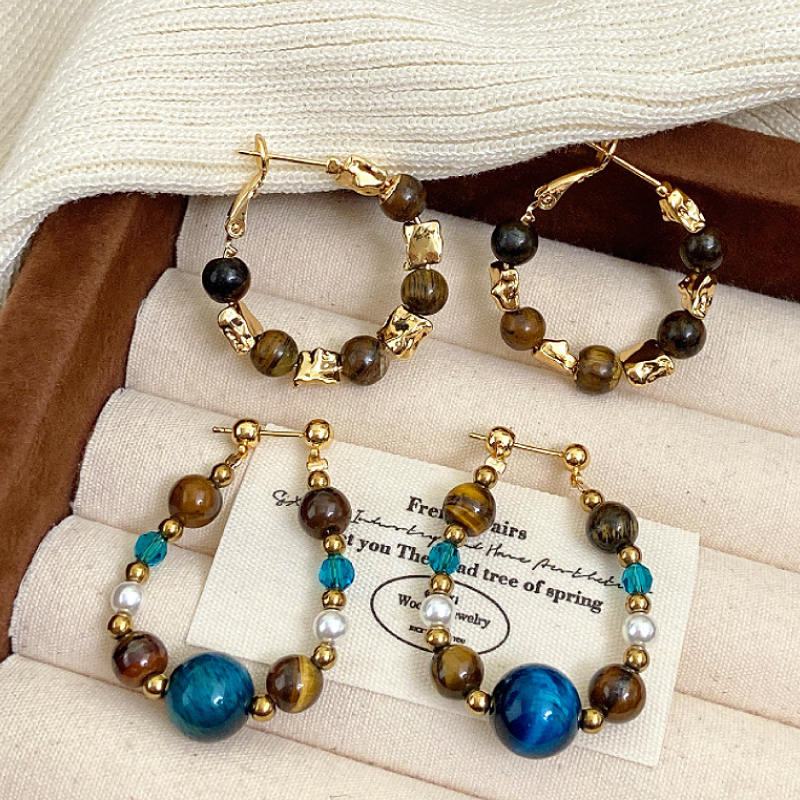 新中式复古天然虎眼撞色串珠不规则耳环女精致设计感高级耳饰秋冬