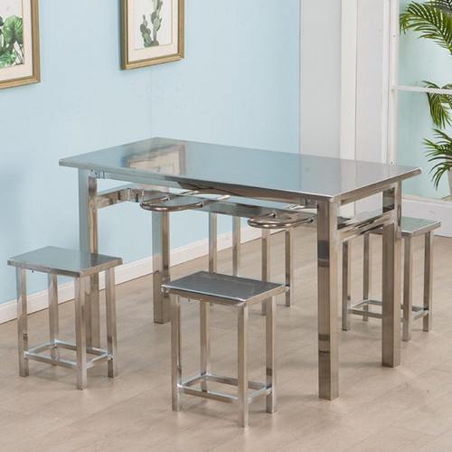 不锈钢餐桌椅饭店小吃店长方形挂凳4人6人员工食堂学校经济型桌椅