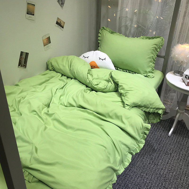 网红牛油果绿纯色四件套1.8床笠女学生被子床单被套宿W舍三件套1.
