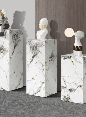 白色大理石底座客厅摆件玄关岩板电视柜旁落地石柱花架石墩雕塑台