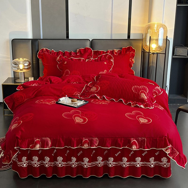 中式婚嫁喜庆全棉大红色四件套床裙款喜被套纯棉结婚四季床上用品