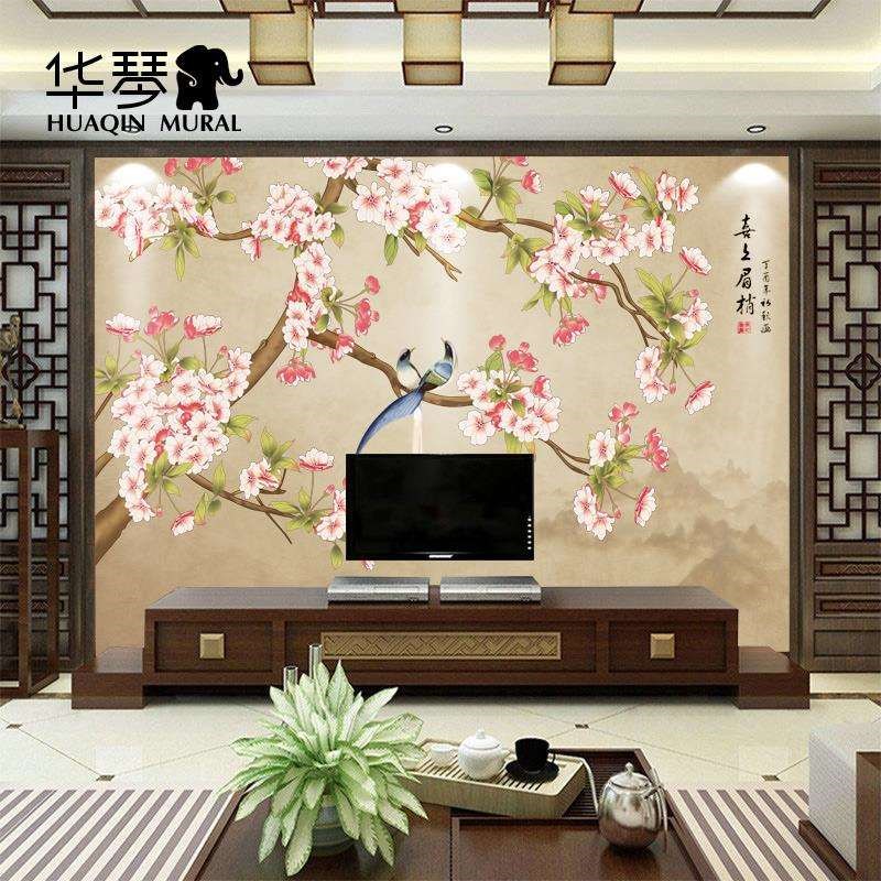 新中式海棠花鸟无纺布墙纸 客y厅温馨卧室电视背景墙壁纸 壁画定