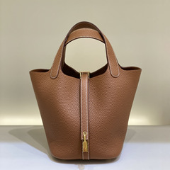 H家手缝蜡线菜篮子女包原厂TC牛皮Picotin18CM水桶包真皮手提包