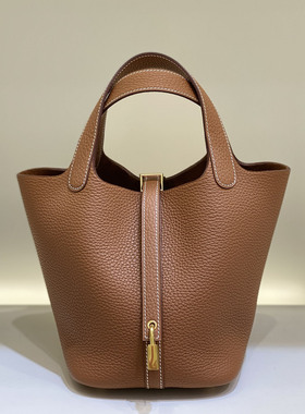 H家手缝蜡线菜篮子女包原厂TC牛皮Picotin18CM水桶包真皮手提包