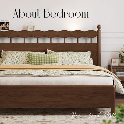 全实木床1米8双人大床主卧2米x2米2白蜡木法式复古胡桃木色公主风