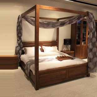 柱子床新中式实木架子四柱双人现代简约帷幔酒店会所卧室老榆木床