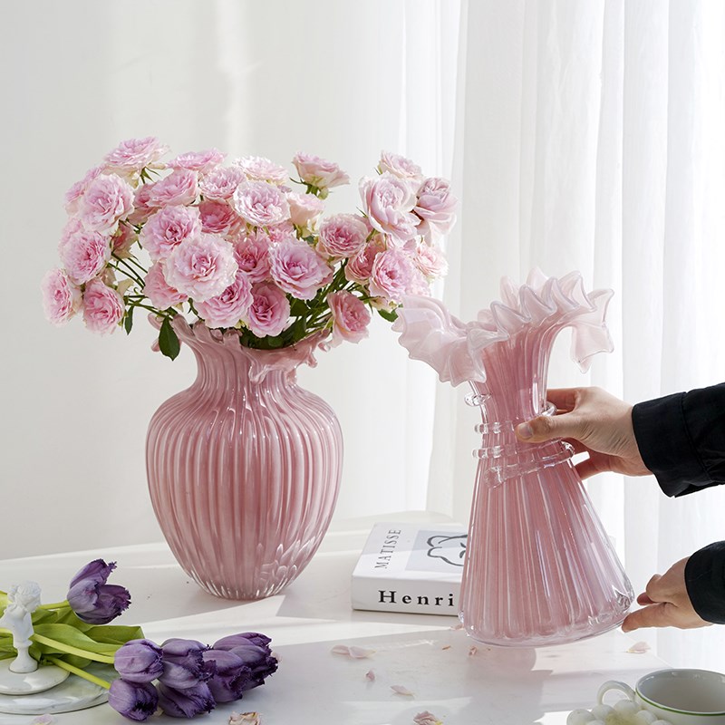 法式花边b舞裙琉璃花瓶中古芬顿粉色裙摆轻奢客厅插花颜值软装花