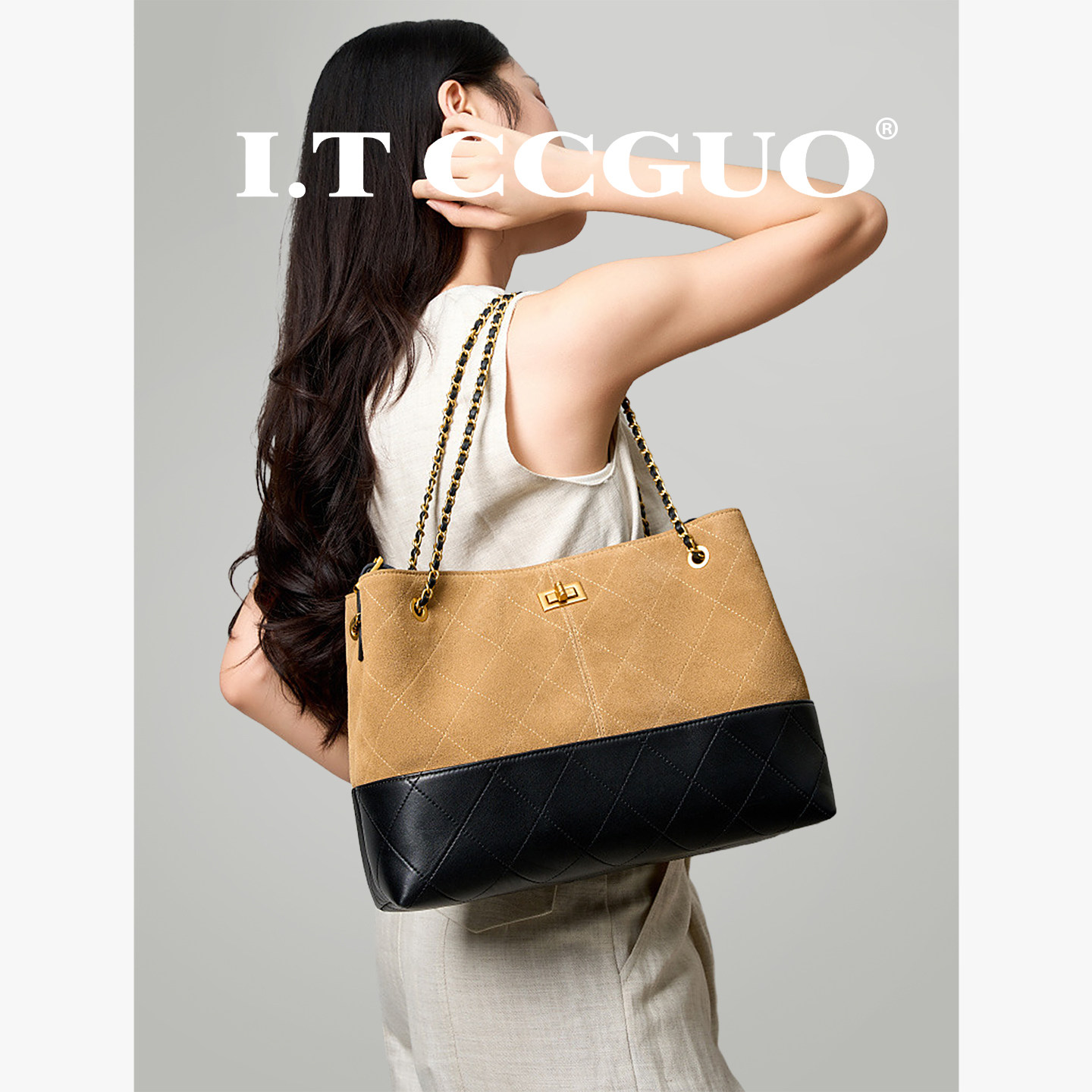 I.T CCGUO 菱格小香风链条手提包高级感大容量单肩托特包真皮女包,箱包皮具/热销女包/男包,单肩包,淘宝优惠券,粉丝福利购,淘宝优惠卷