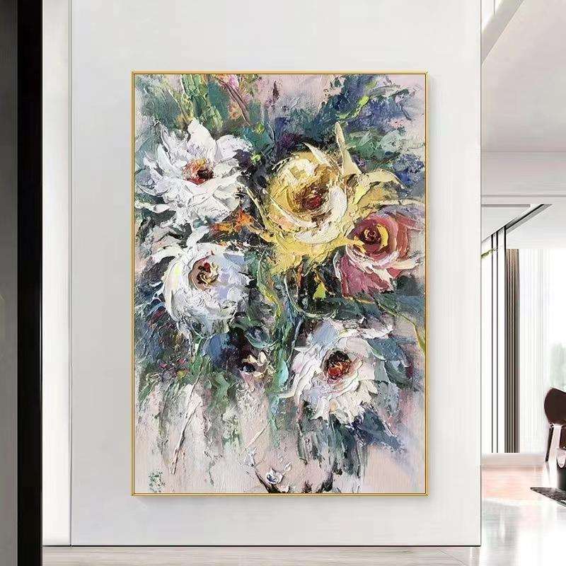 纯手绘立体肌理装饰画玄关竖款油画现代简约抽象花卉挂画落地画