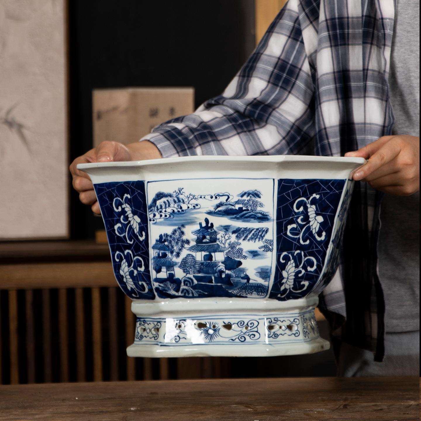 雨彤家居青花瓷花盆蝴蝶兰陶瓷花盆仿古中式家居客厅装饰品大花盆