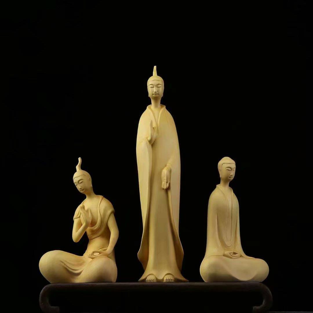 黄杨木雕工艺品行亦禅 坐亦禅 听亦禅三个一套居家摆件无相佛