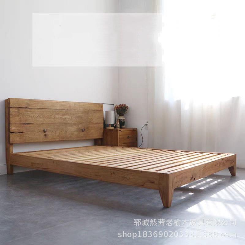 复古怀旧老榆木大床小户型经济型加厚实木双人床卧室老式午休大床