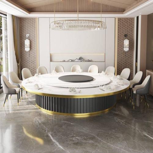 酒店岩板餐桌家用电动大圆桌轻奢包厢圆形电磁炉火锅桌可旋转组合