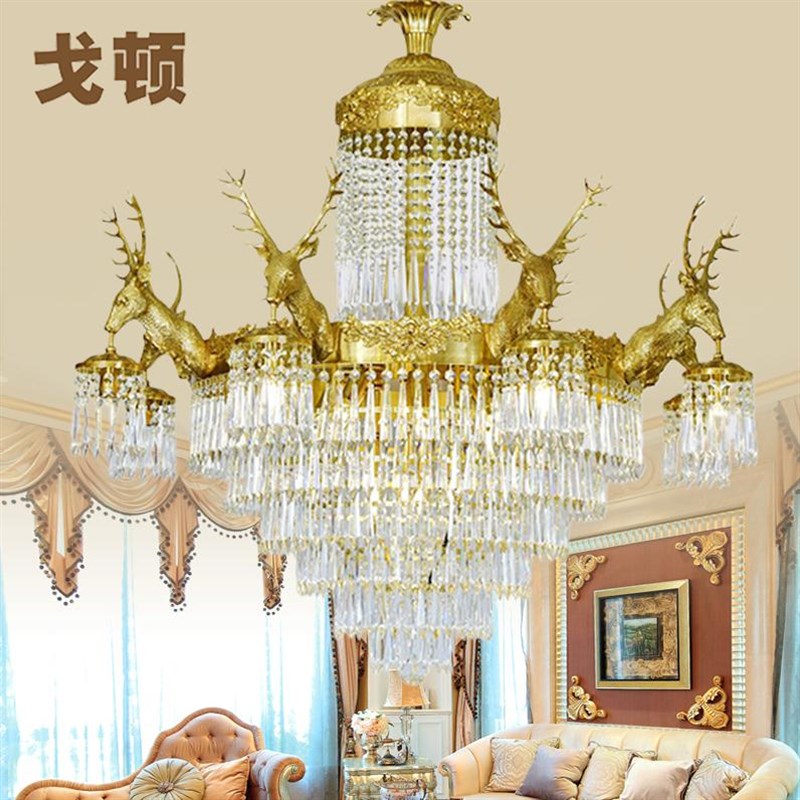 法式奢华全铜吊灯欧式水晶别墅复式楼客P厅复古脱蜡铜鹿头