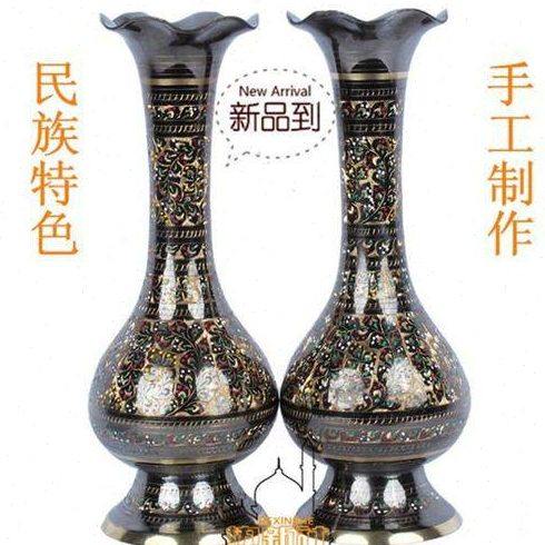 巴基斯坦铜器14寸彩点花瓶仿古典艺术手工雕刻铜花瓶家居摆设插花