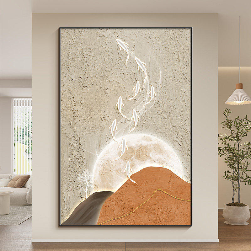 手绘油画九鱼图客厅挂画沙发背景墙现代简约玄关装饰画侘寂风壁画