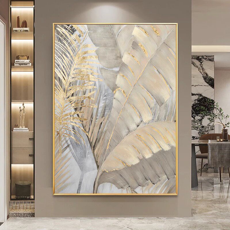 纯手绘油画抽象金箔芭蕉叶玄关装饰画现代轻奢客厅沙发背景墙挂画