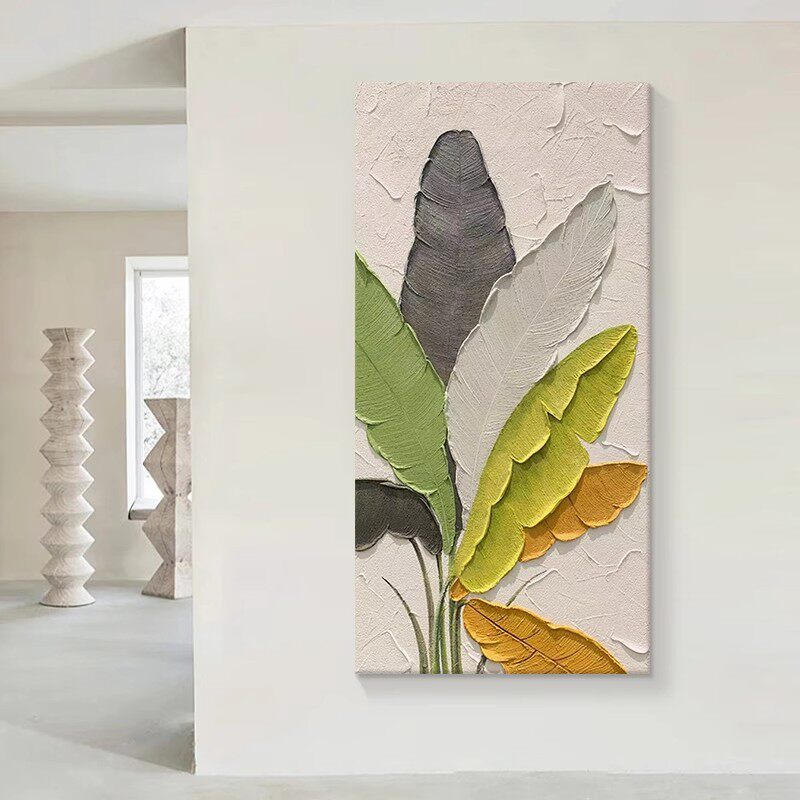 手绘油画家大业大客厅装饰画芭蕉叶肌理画绿色植物玄关走廊挂