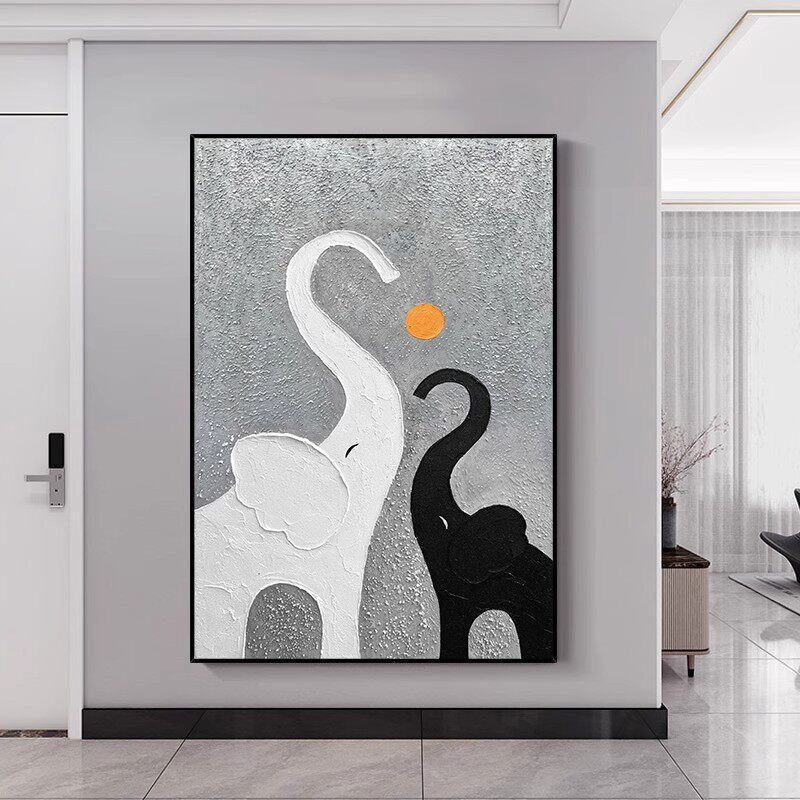 吉祥大象手绘油画动物黑白肌理客厅玄关装饰画挂画壁画装饰画挂画