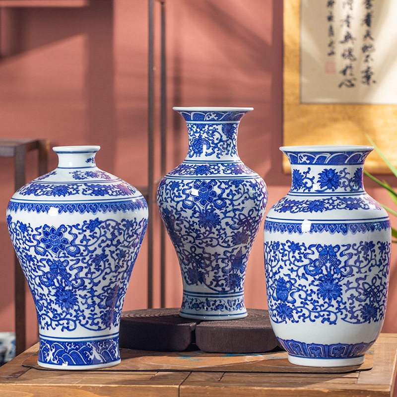 景德镇陶瓷器仿古青花瓷花瓶中式客厅博古架大号插花装饰摆件陶瓷