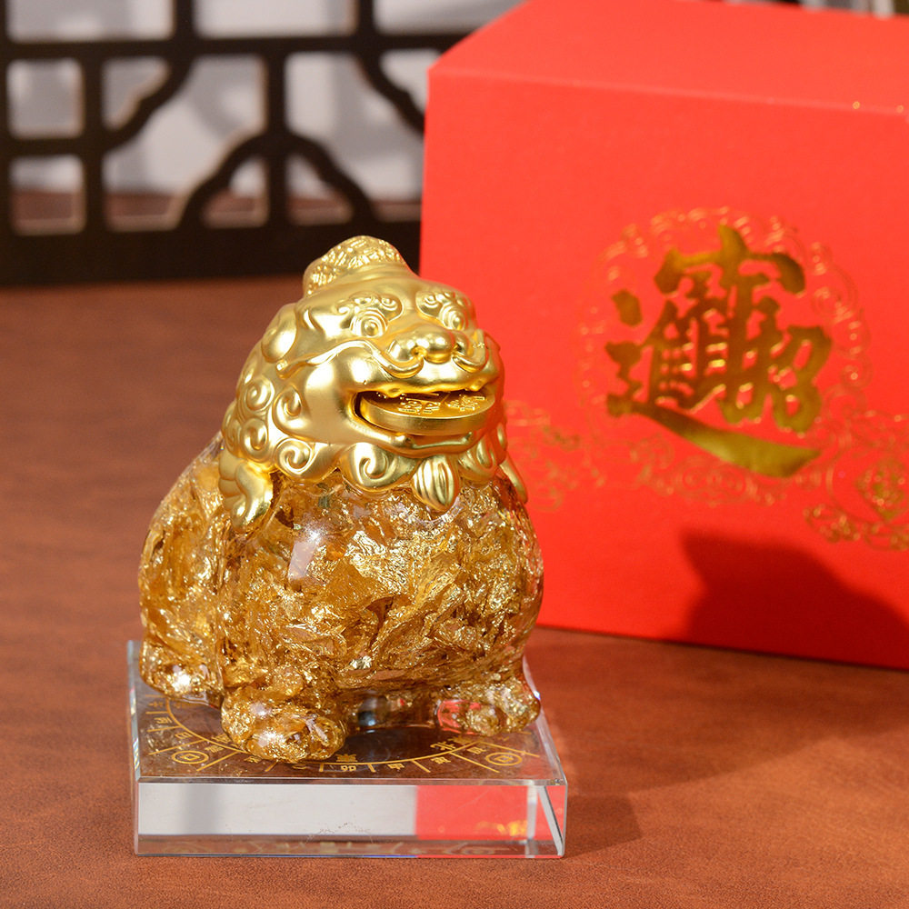 金箔灵兽旋转狮子摆件办公室乔迁吉祥物貔貅水晶工艺品礼品工厂