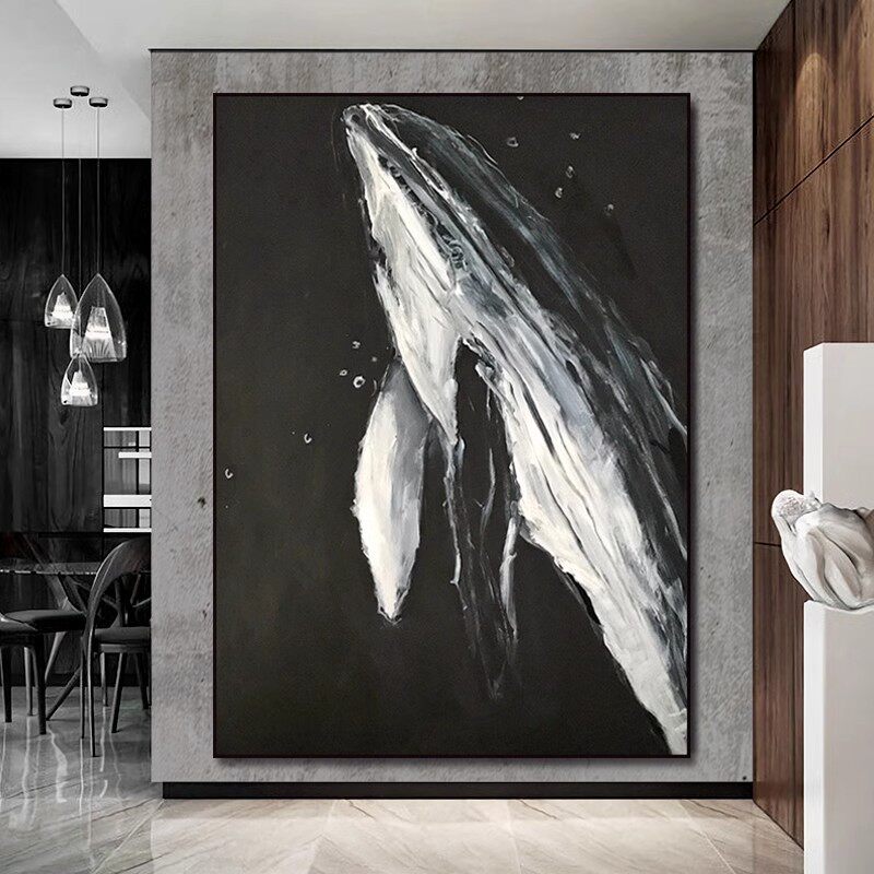 手绘油画黑白鲸鱼玄关装饰画现代简约客厅沙发背景墙高级感挂画