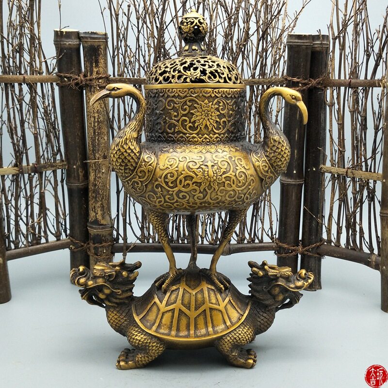 黄铜仿古摆件古玩收藏 龙龟鹤香炉居家装饰龟鹤延年贺寿送礼