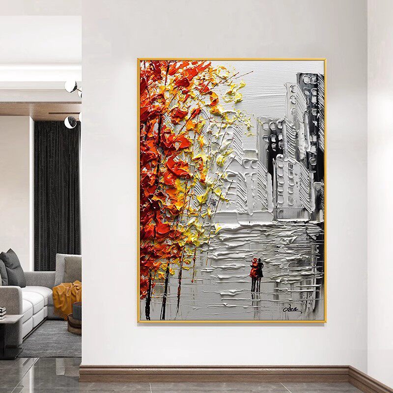 手绘油画黑白城市漫步玄关挂画沙发背景墙装饰画抽象立体客厅壁画