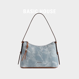 Basic House/百家好复古托特包2026新款大容量牛仔单肩斜挎腋下包