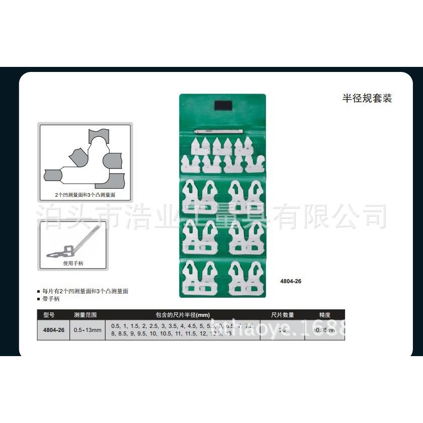 半径规套装带手柄 R0.5-13 26片每片2个凹3个凸测量面 对弧样板