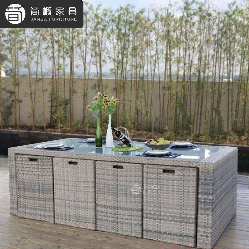 户外庭院收纳桌椅别墅阳台休闲藤桌椅套装室外花园防水防水藤桌椅