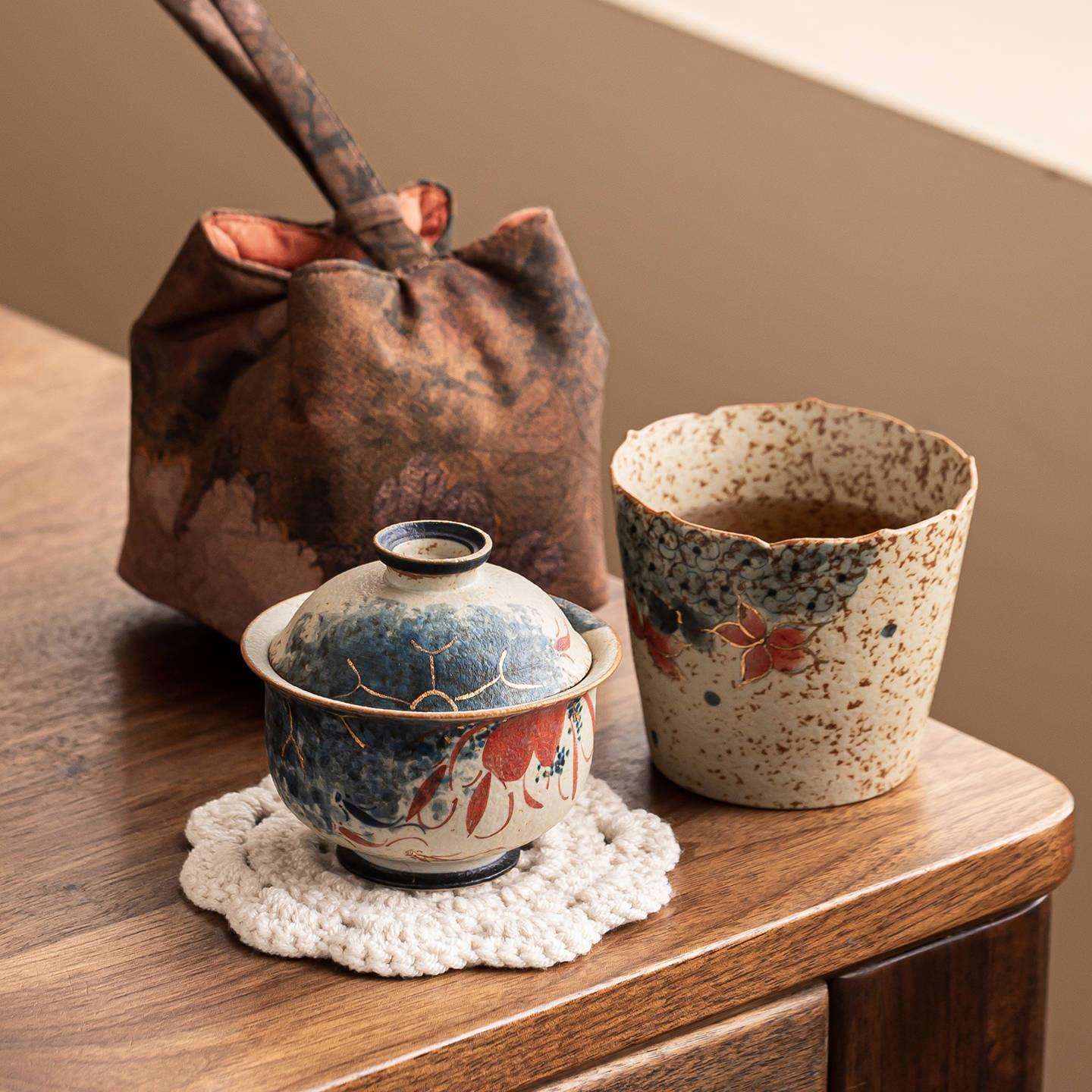 青花火石红旅行茶具盖碗茶杯一碗一杯户外露营便携式一人饮快客杯
