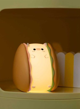 新款汉堡猪猪夜灯lUSB充电卧室床头灯氛围创意护眼柔光伴睡小夜灯