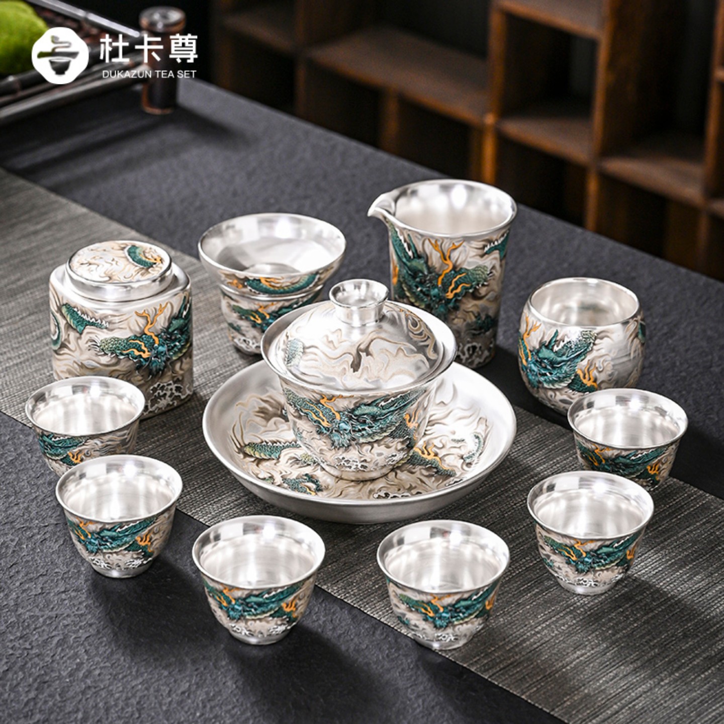 鎏银茶具套装大师手工999纯银粉瓷养生功夫茶杯手工浮雕盖碗茶壶