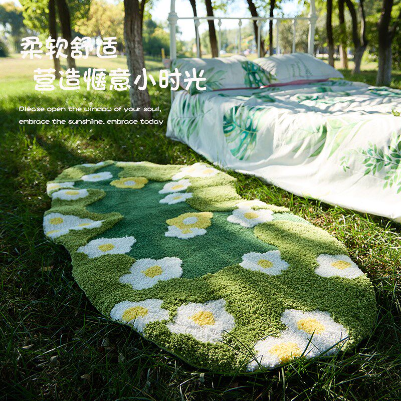 手工绿草地客厅地毯儿童卧室小清新床边毯可爱毛绒田园风绿色地垫