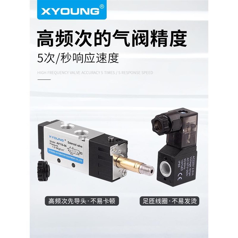 气动4V110-06二位五通电磁阀24V气缸换向阀220V电磁阀控制阀组