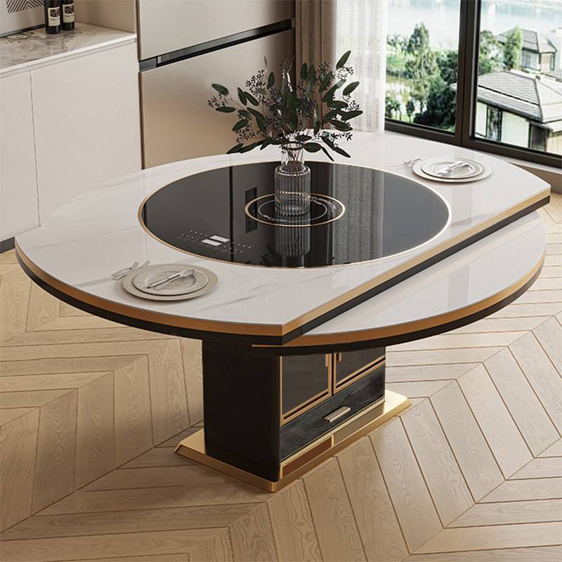 岩板餐桌家用多功能带转盘现代简约小户型可伸缩折叠带电磁炉饭桌