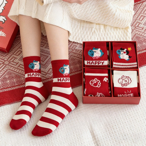 2026本命年大红女中筒棉袜小马