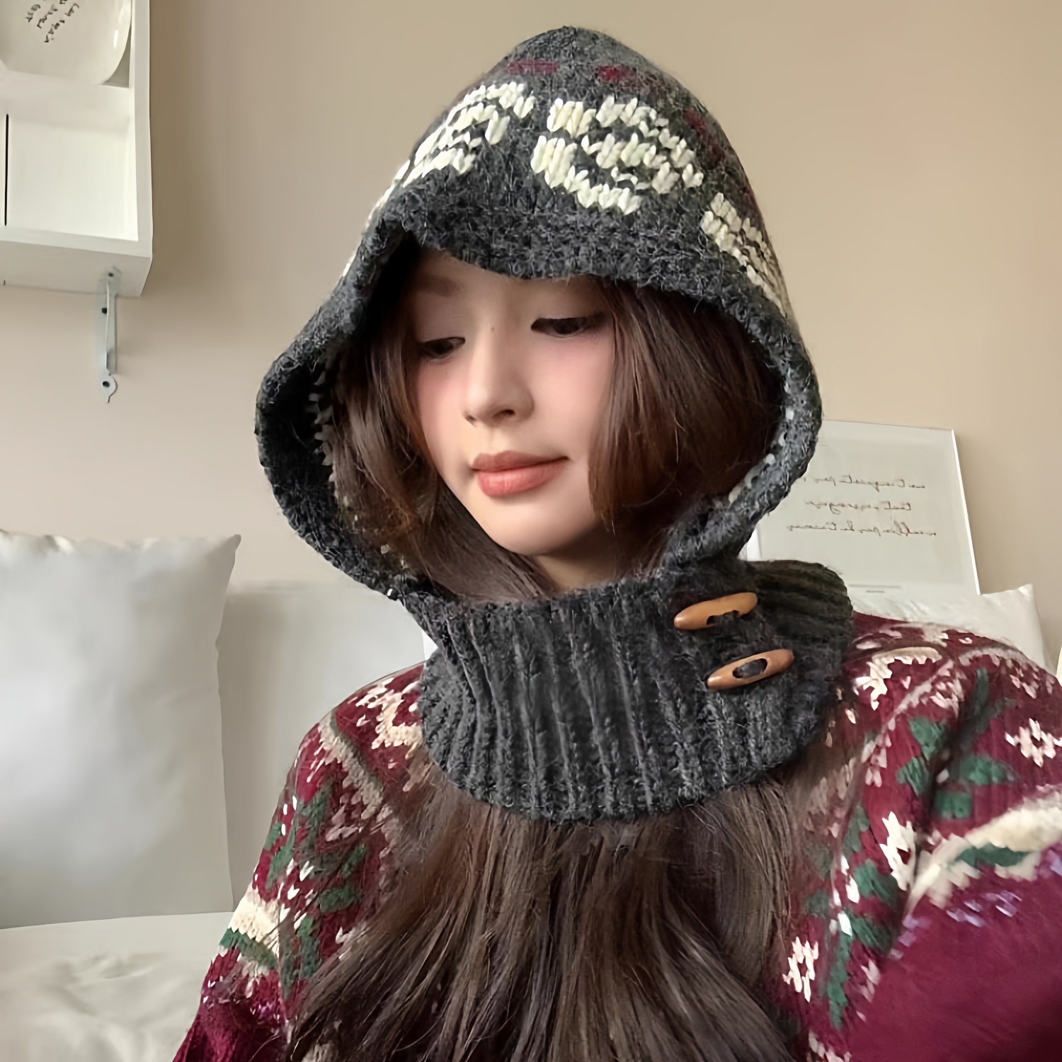 冬季复古巴拉克拉法羊毛围巾一体