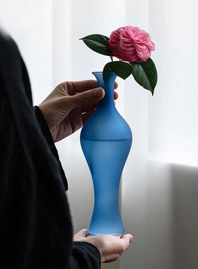 仿宋雀蓝色玉净瓶磨砂玻璃花器透明中H式复古文人书房茶室花瓶摆