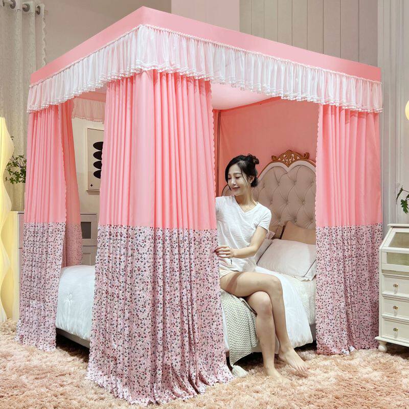 韩式碎花遮光落地宫廷蚊帐公主风家用卧室床帘一体式挡风防尘床幔
