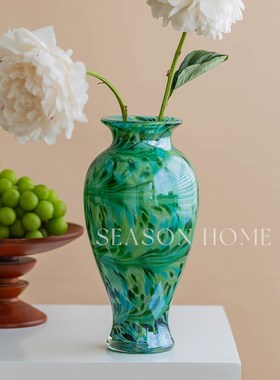 琉璃花瓶b复古新中式轻奢高级感艺术摆件绿色民宿餐桌装饰玻璃花